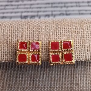 Elegant Gold and Red Square Clip Earrings Vintage